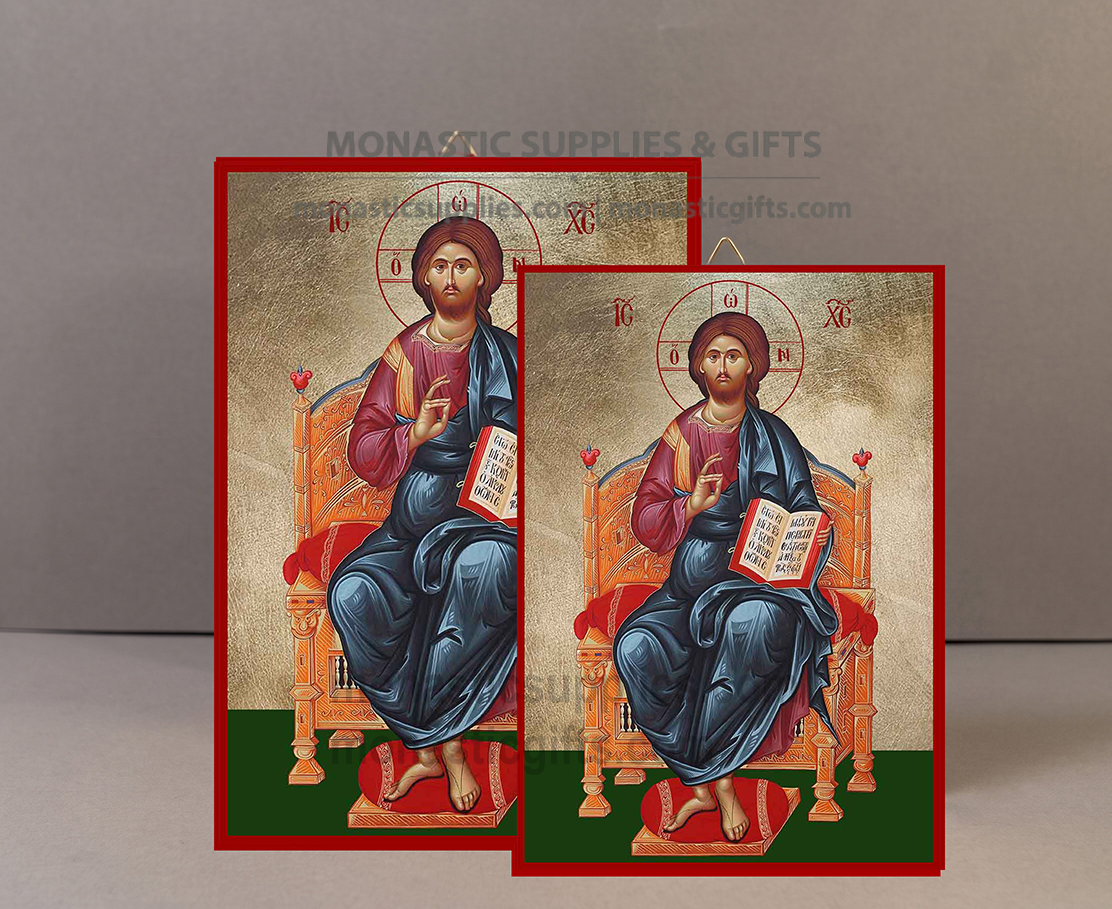 Handcrafted Orthodox gold leaf canvas icon of Christ Enthroned King of Kings on wooden panel