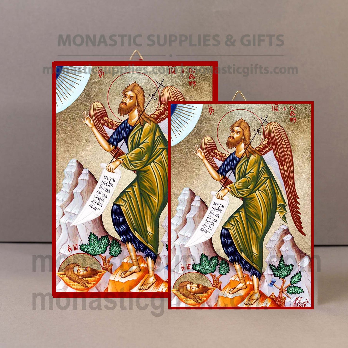 Handcrafted Orthodox gold leaf canvas icon of Saint John the Baptist with wings on solid wooden panel
