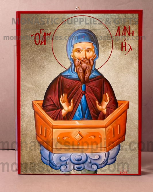 Handcrafted Orthodox gold leaf canvas icon of Prophet Daniel on solid wooden panel