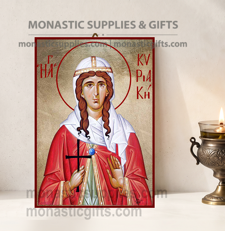 Handcrafted Orthodox gold leaf canvas icon of Saint Kyriaki the Great Martyr on solid wooden panel