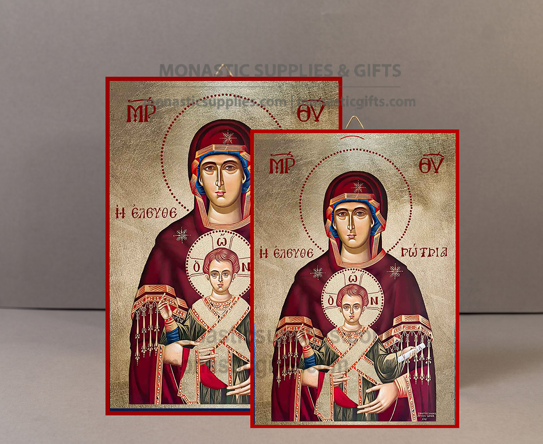 Handcrafted Orthodox gold leaf canvas icon of the Virgin Mary the Deliverer Theotokos Eleftherotria on solid wooden panel