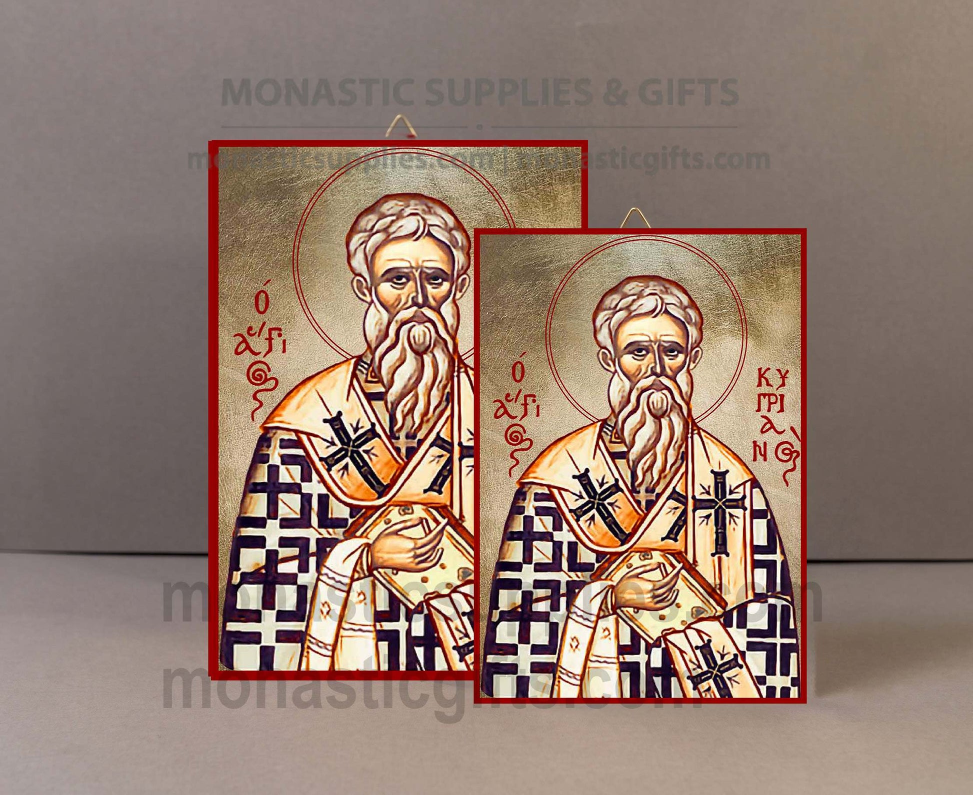 Handcrafted Orthodox gold leaf canvas icon of Saint Cyprian on solid wooden panel