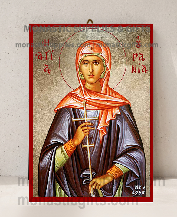 Handcrafted Orthodox gold leaf canvas icon of Saint Ourania the Virgin Martyr on solid wooden panel