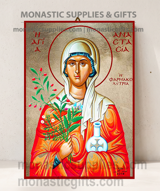 Handcrafted Orthodox gold leaf canvas icon of Saint Anastasia the Great Martyr on solid wooden panel