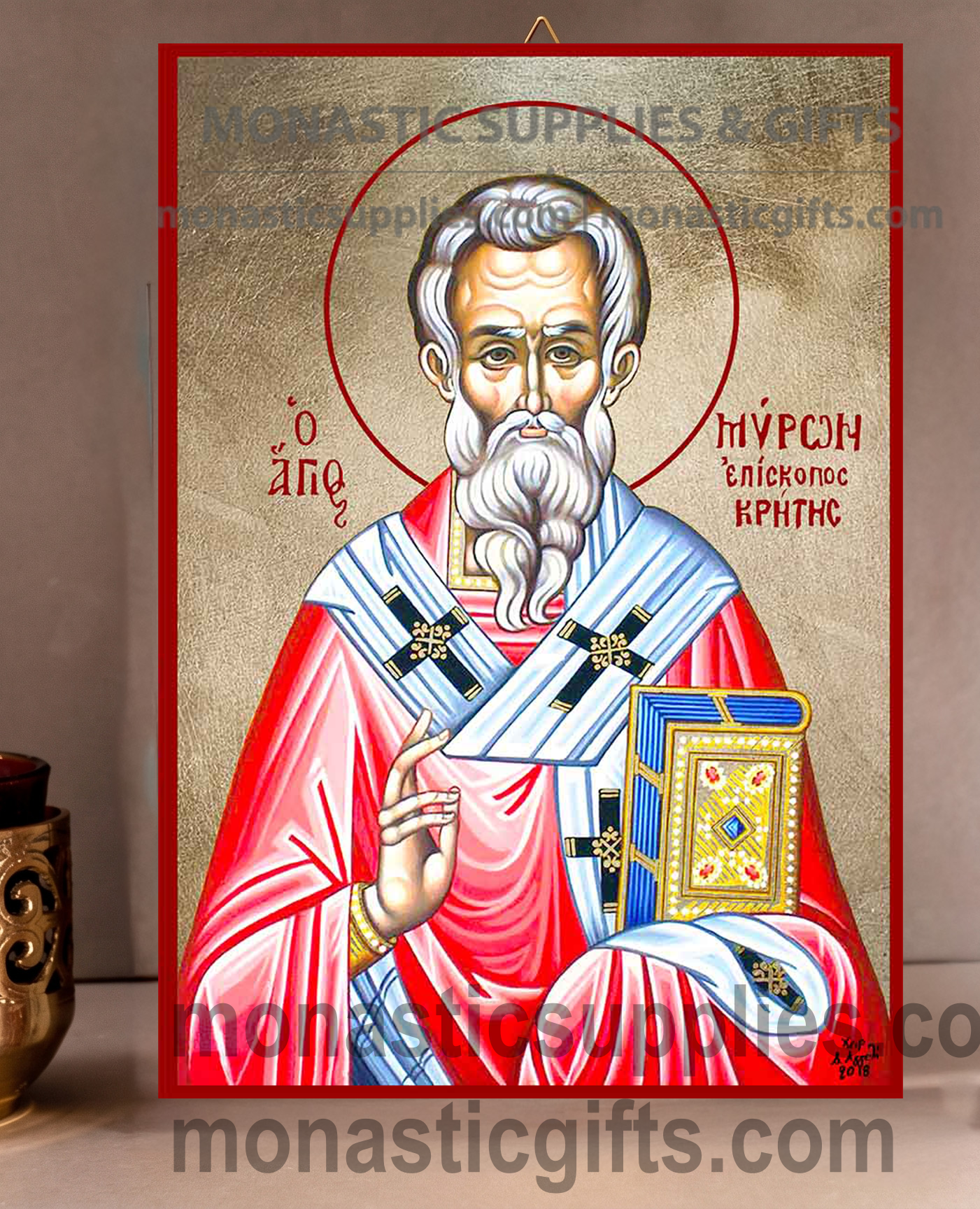 Handcrafted Orthodox gold leaf canvas icon of Saint Myron Bishop of Crete patron of farmers and charity on solid wooden panel