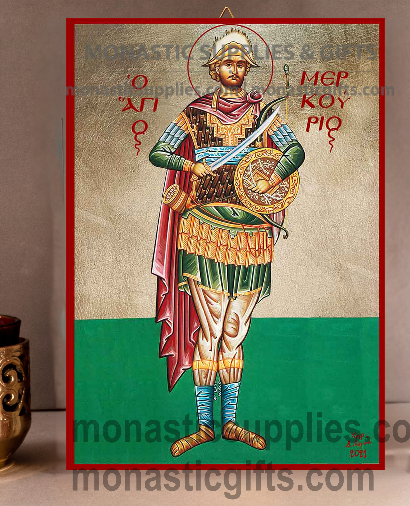 Saint Mercurius Orthodox Icon - Patron of Soldiers, Defenders & Spiritual Warriors - Handcrafted Gold Leaf Canvas Byzantine Wooden Panel Icon with Certificate