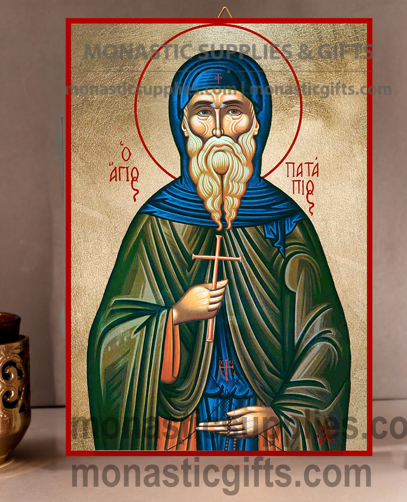 Handcrafted Orthodox gold leaf canvas icon of Saint Patapios the Wonderworker patron of cancer patients on solid wooden panel