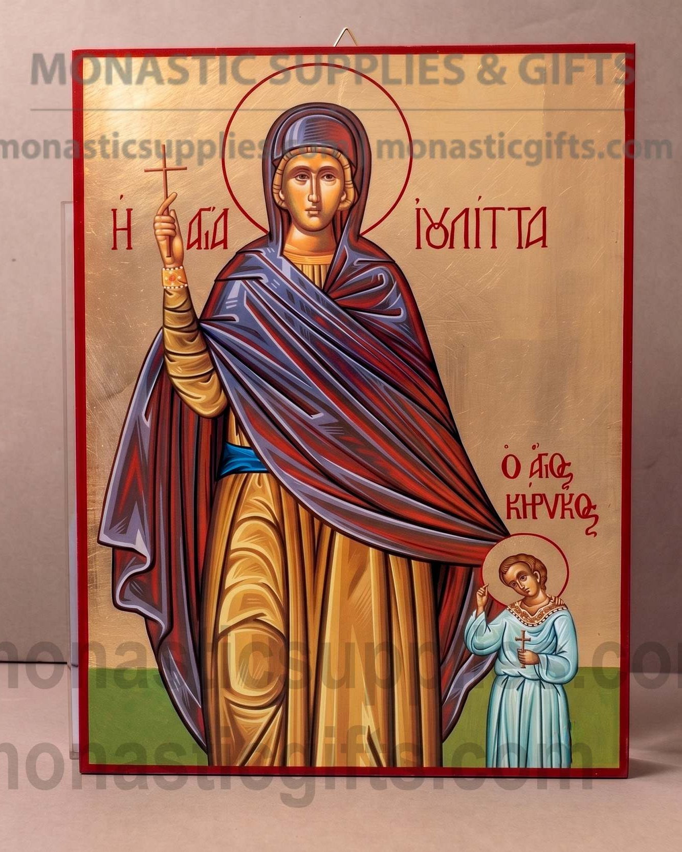 Handcrafted Orthodox gold leaf canvas icon of Saints Julitta and Kirikos on solid wooden panel