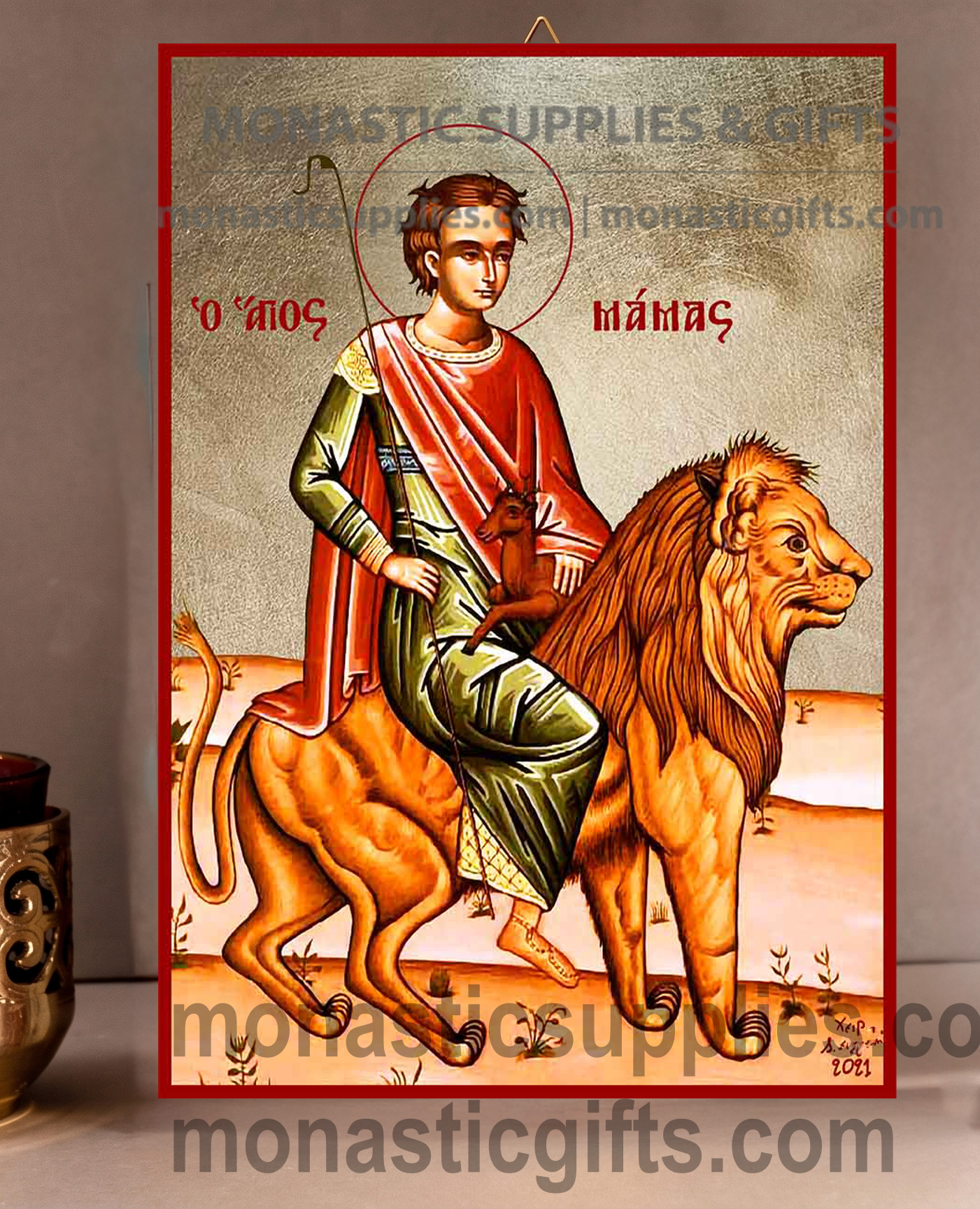 Handcrafted Orthodox gold leaf canvas icon of Saint Mamas patron of shepherds and animals on solid wooden panel