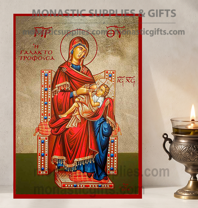 Handcrafted Orthodox gold leaf canvas icon of the Virgin Mary Galaktotrophousa Nursing Mother of God on solid wooden panel