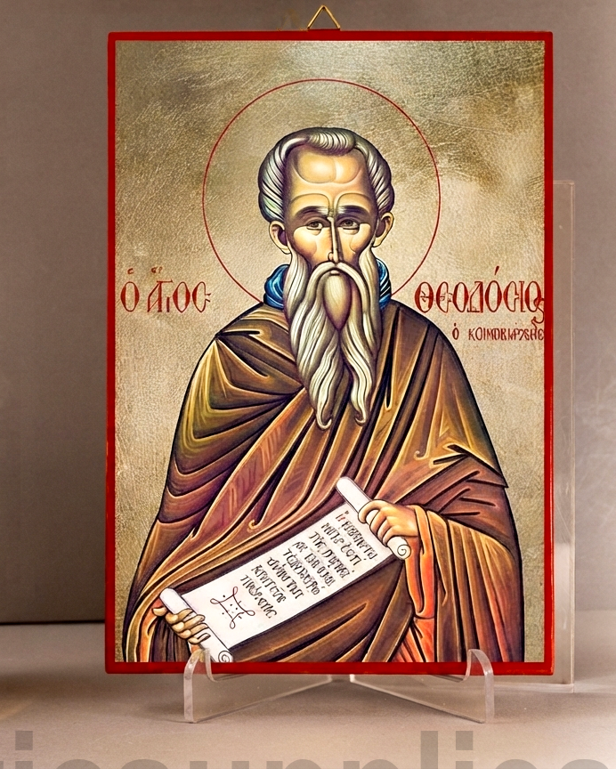 Handcrafted Orthodox gold leaf canvas icon of Saint Theodosius the Cenobiarch on solid wooden panel