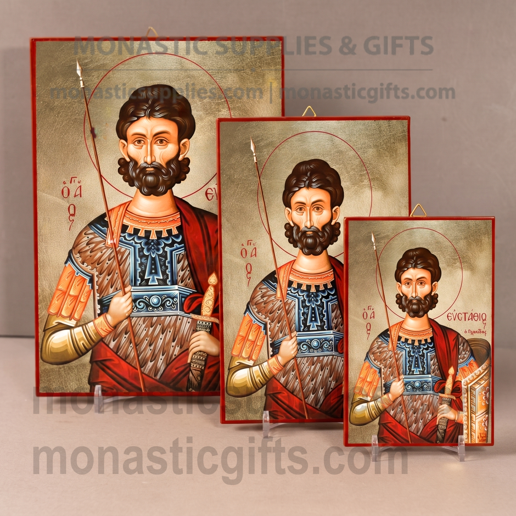 Handcrafted Orthodox gold leaf canvas icon of Saint Eustathios on solid wooden panel