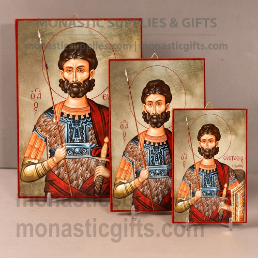 Handcrafted Orthodox gold leaf canvas icon of Saint Eustathios on solid wooden panel
