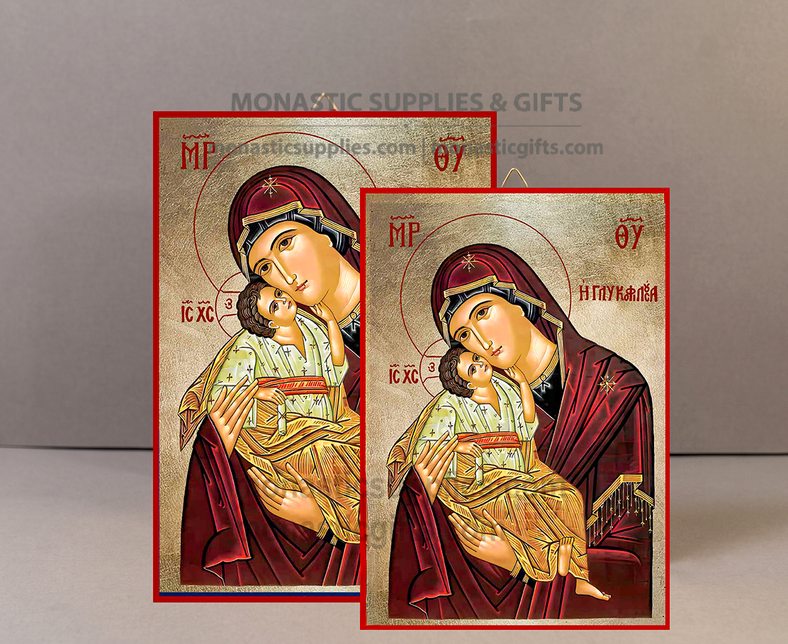 Handcrafted Orthodox gold leaf canvas icon of the Virgin Mary Sweet Kissing Theotokos Glykophilousa on solid wooden panel