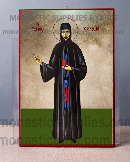 Handcrafted Orthodox gold leaf canvas icon of Saint Ephraim of Nea Makri on solid wooden panel