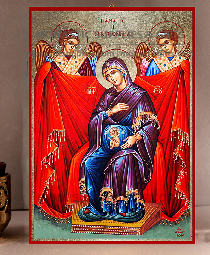 Handcrafted Orthodox gold leaf canvas icon of Virgin Mary Expectant Mother Theotokos Egkymonousa on solid wooden panel