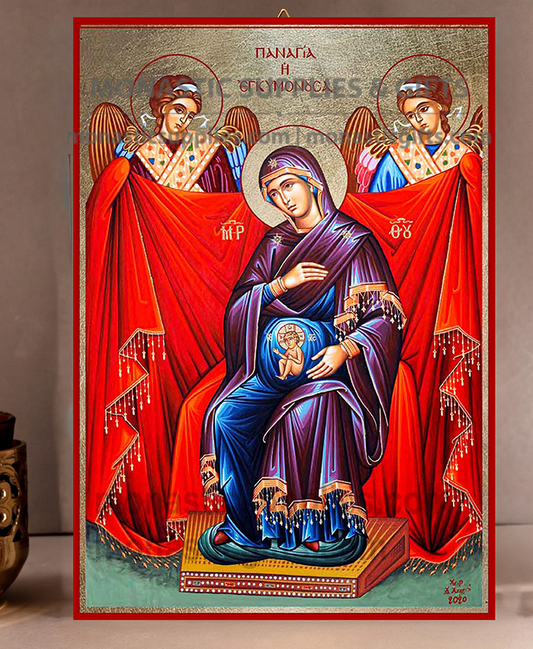 Handcrafted Orthodox gold leaf canvas icon of Virgin Mary Expectant Mother Theotokos Egkymonousa on solid wooden panel