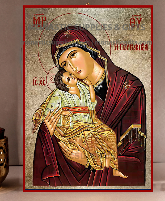 Handcrafted Orthodox gold leaf canvas icon of the Virgin Mary Sweet Kissing Theotokos Glykophilousa on solid wooden panel
