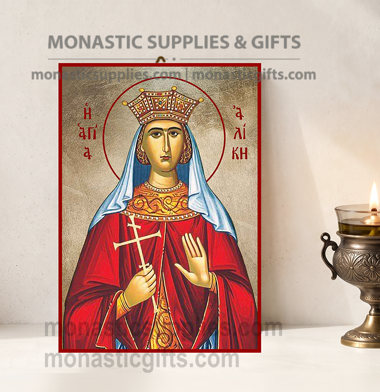 Handcrafted Orthodox gold leaf canvas icon of Saint Alice on solid wooden panel