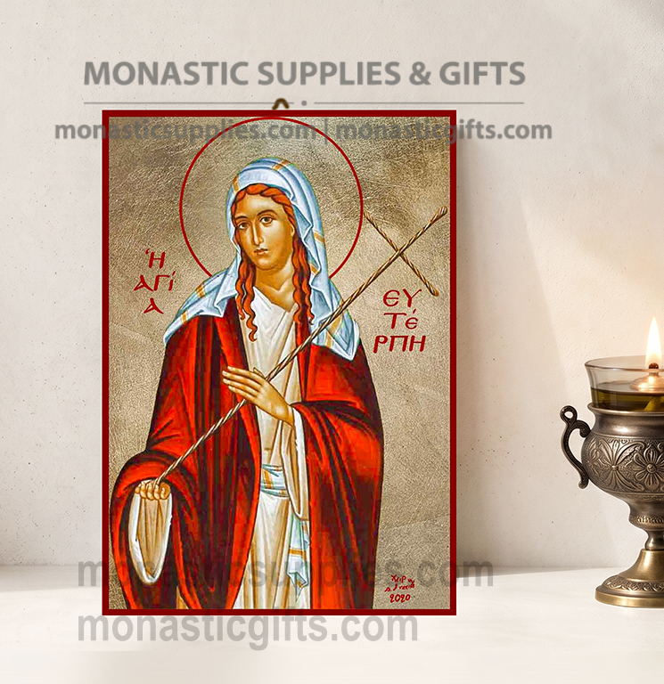 Handcrafted Orthodox gold leaf canvas icon of Saint Euterpe the Virgin Martyr on solid wooden panel