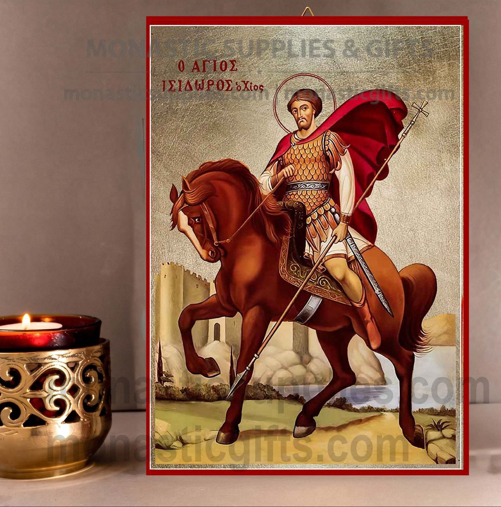 Handcrafted Orthodox gold leaf canvas icon of Saint Isidore of Chios on solid wooden panel