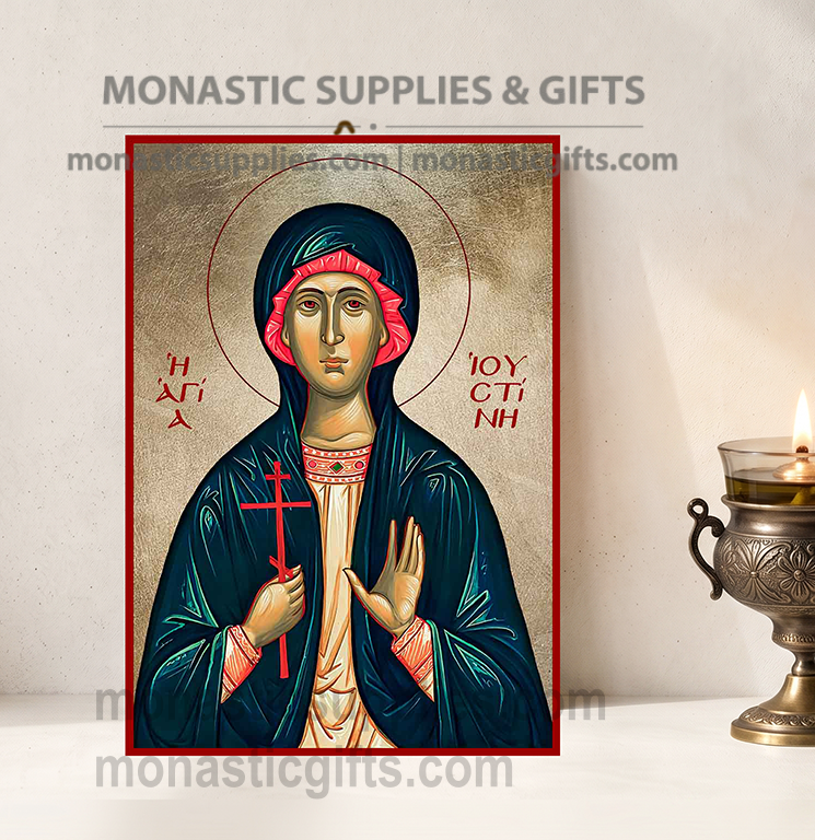 Handcrafted Orthodox gold leaf canvas icon of Saint Justina the Virgin Martyr on solid wooden panel