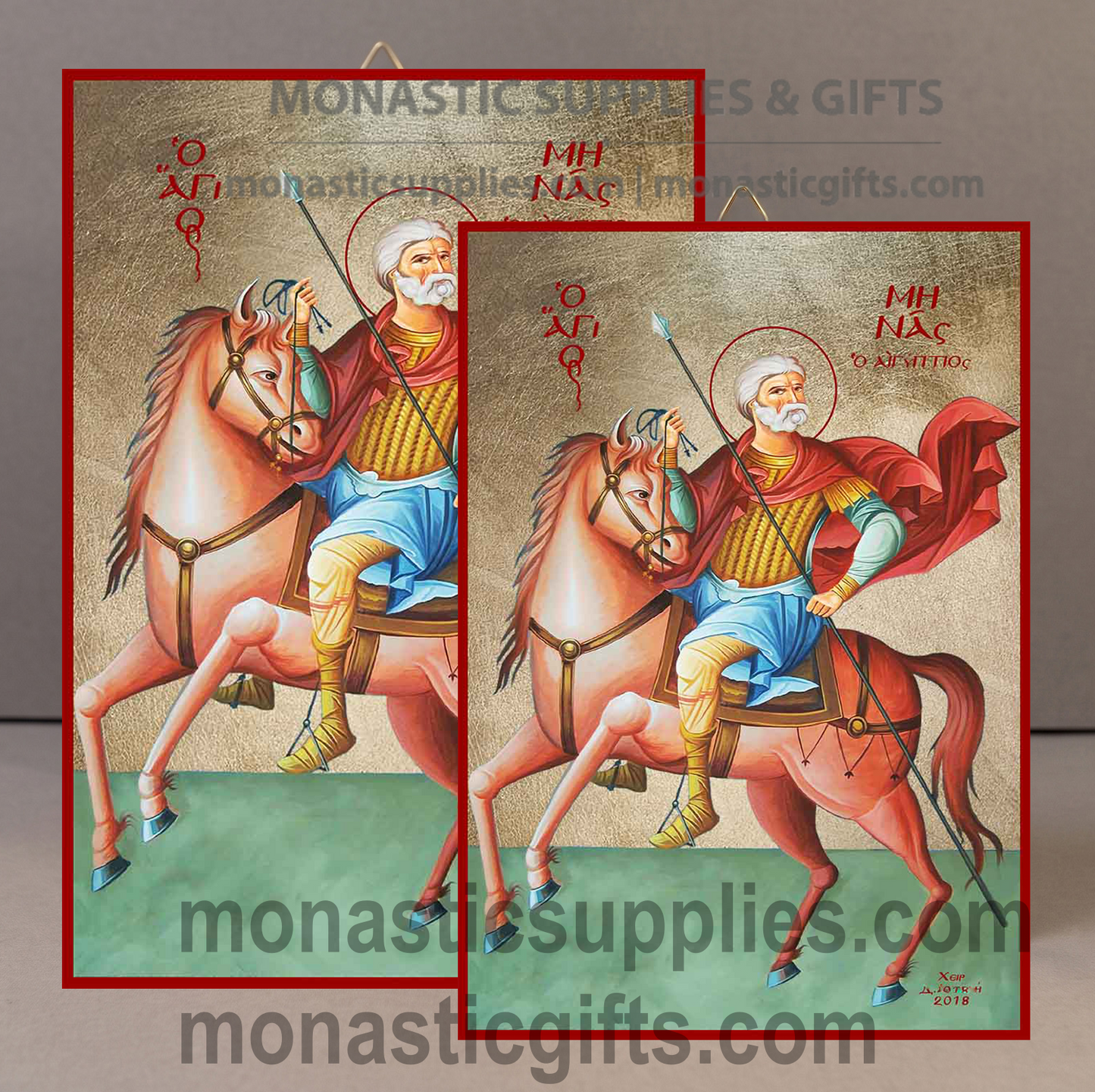 Handcrafted Orthodox gold leaf canvas icon of Saint Menas patron of lost items and travelers on solid wooden panel