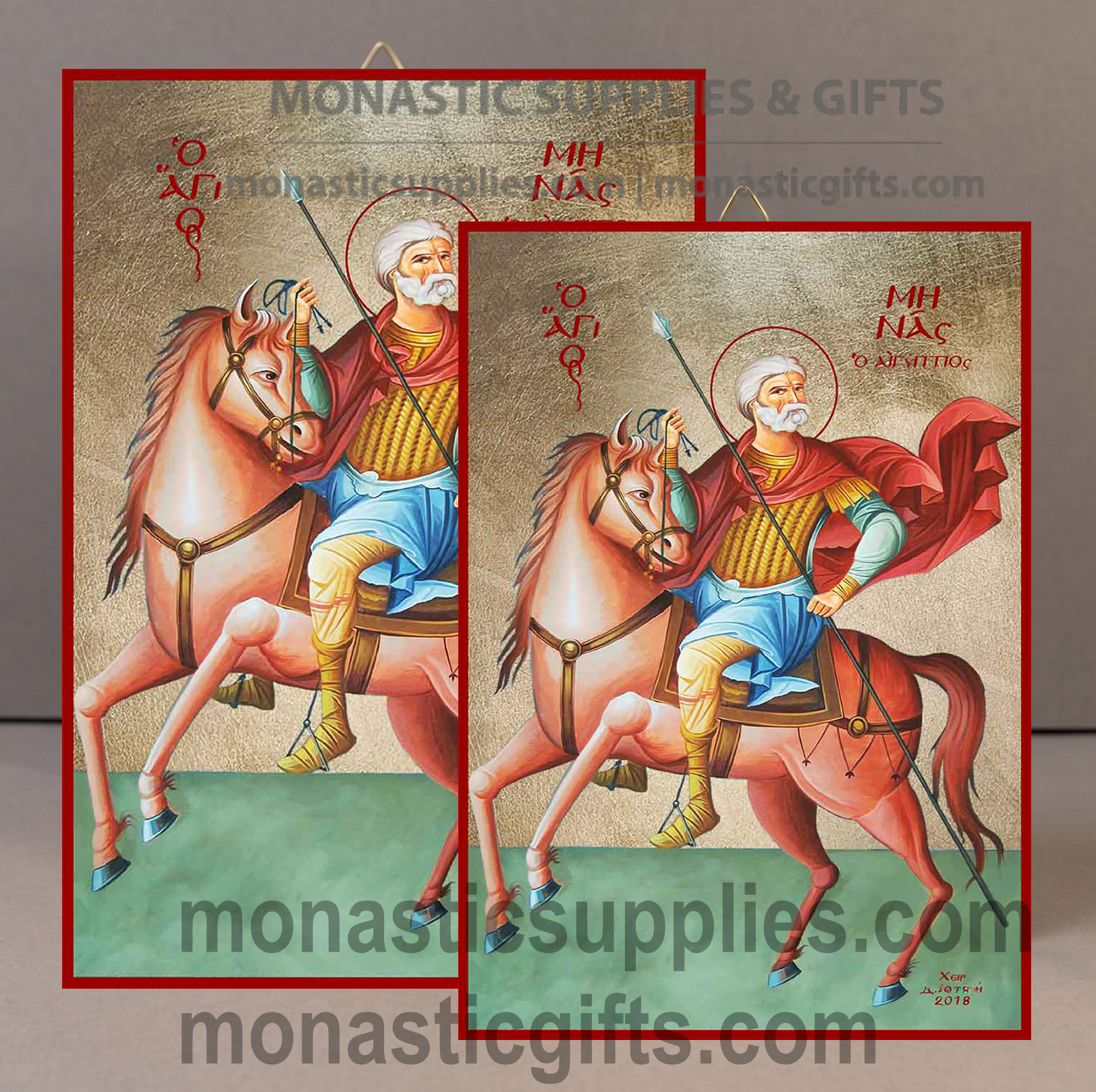 Handcrafted Orthodox gold leaf canvas icon of Saint Menas patron of lost items and travelers on solid wooden panel
