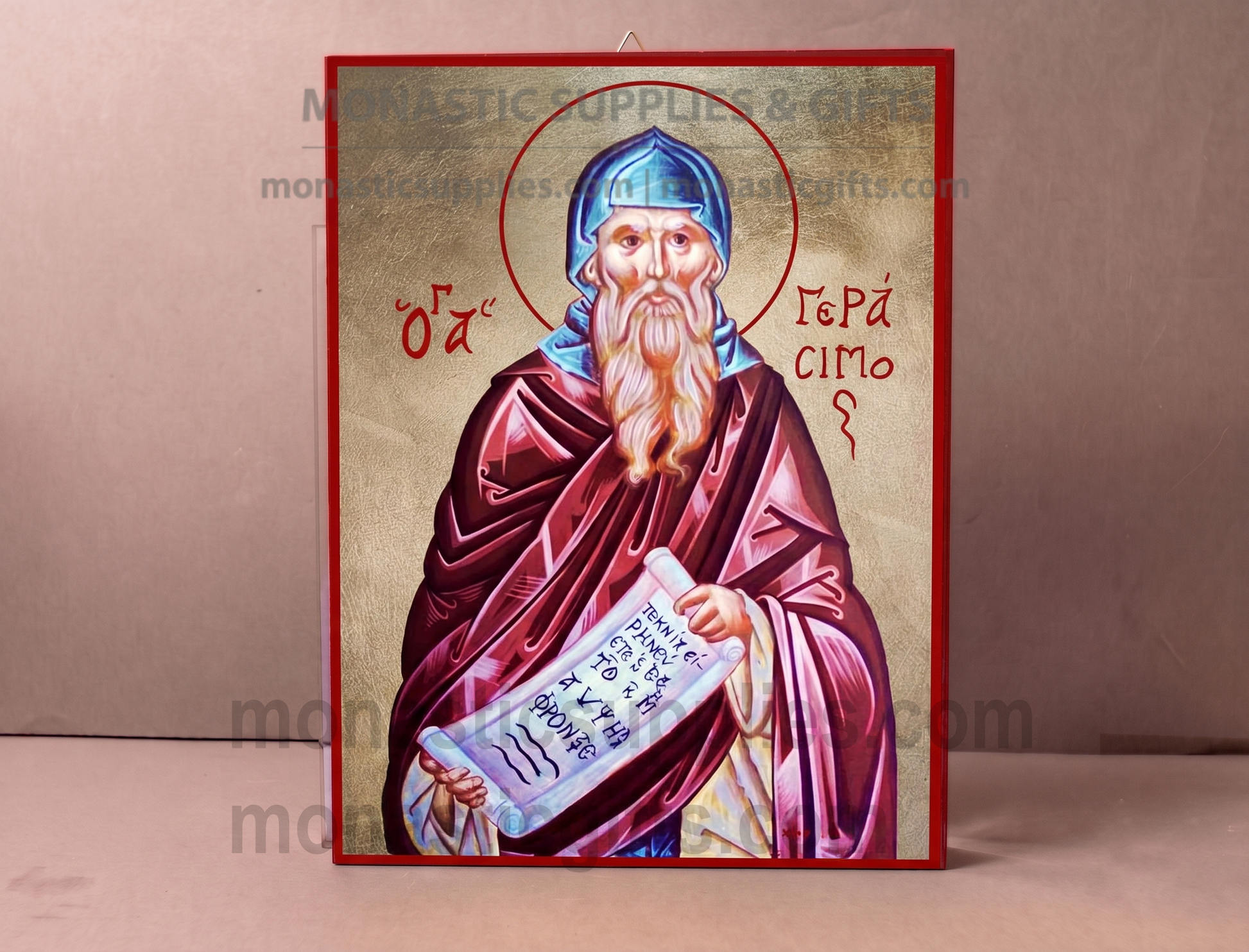 Handcrafted Orthodox gold leaf canvas icon of Saint Gerasimos of Kefalonia on solid wooden panel