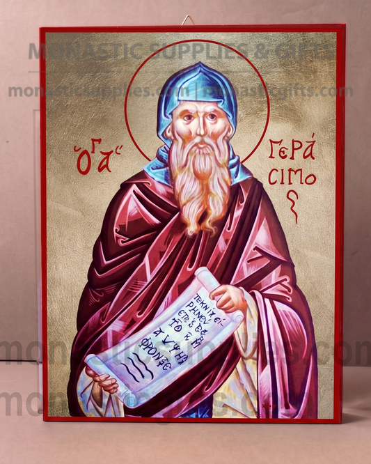 Handcrafted Orthodox gold leaf canvas icon of Saint Gerasimos of Kefalonia on solid wooden panel