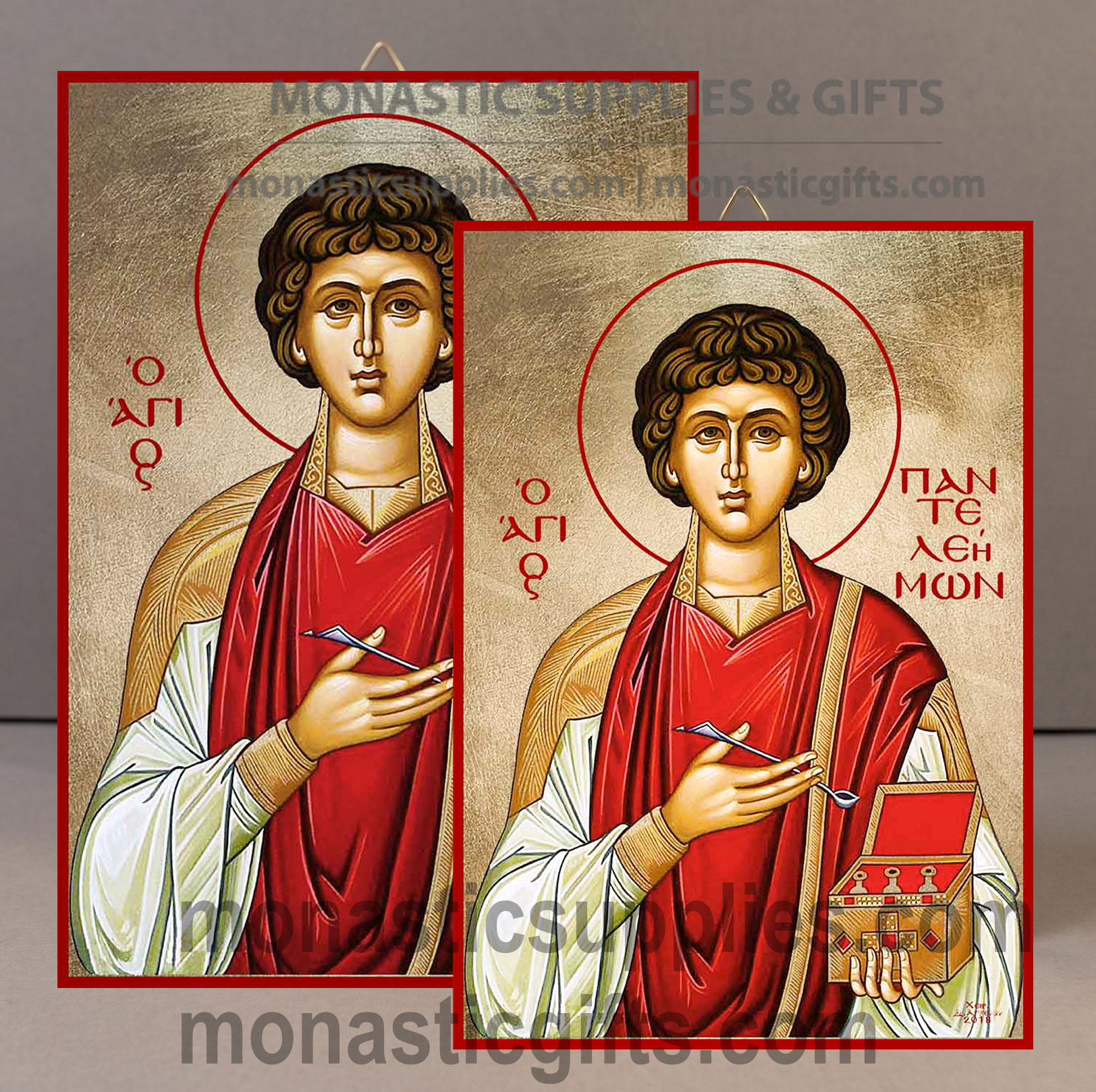 Handcrafted Orthodox gold leaf canvas icon of Saint Panteleimon the Healer patron of physicians and the sick on solid wooden panel