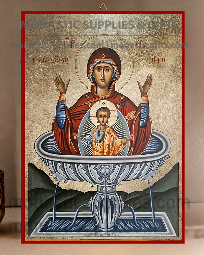 Handcrafted Orthodox gold leaf canvas icon of Theotokos the Life-Giving Spring Zoodochos Pege on solid wooden panel