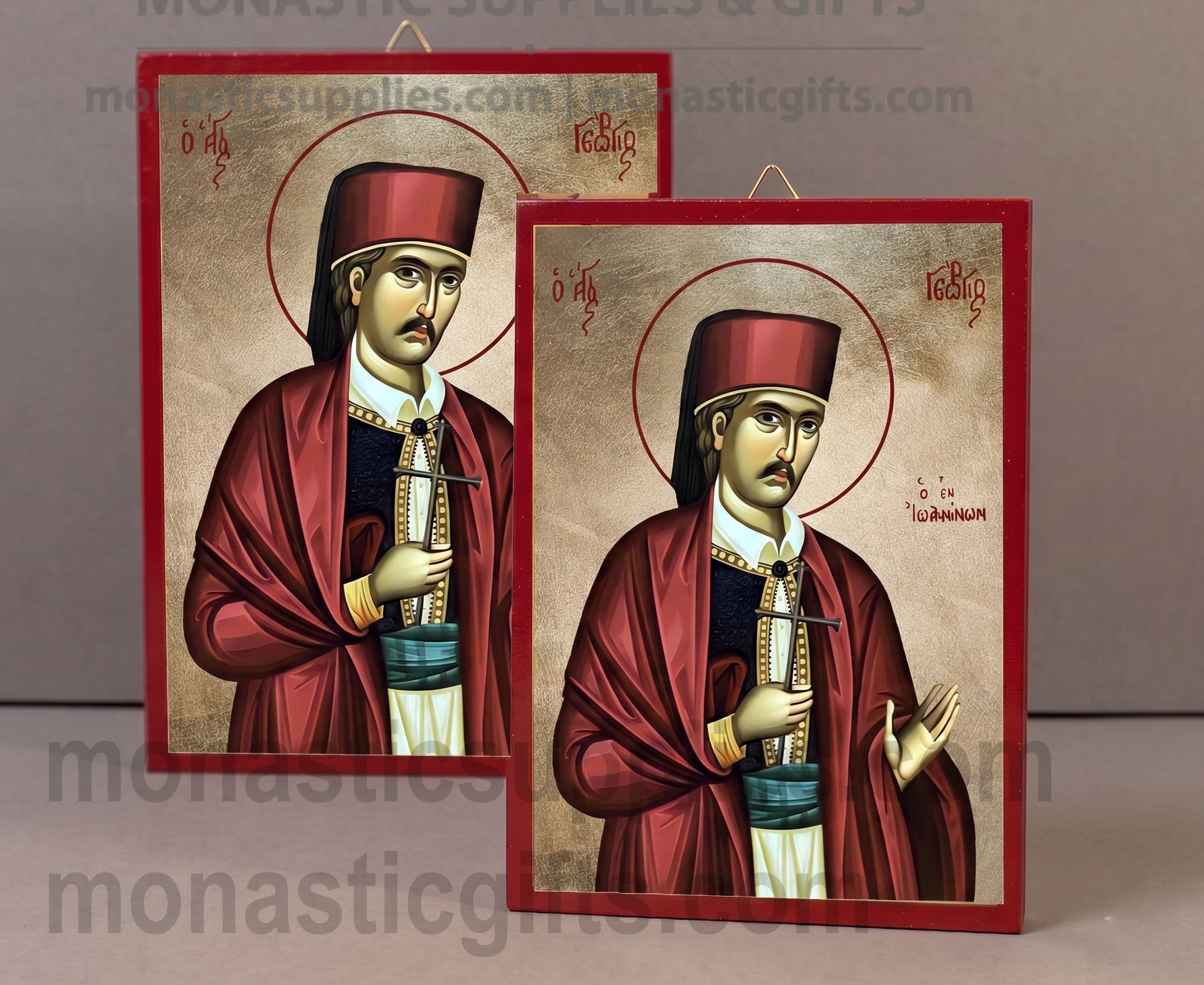 Handcrafted Orthodox gold leaf canvas icon of Saint George of Ioannina on solid wooden panel