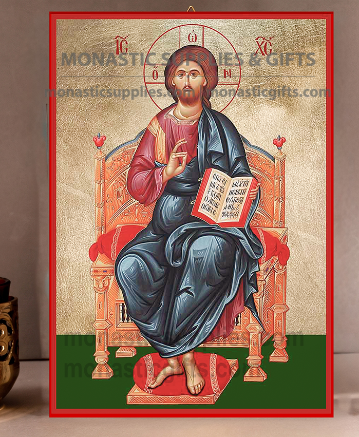 Handcrafted Orthodox gold leaf canvas icon of Christ Enthroned King of Kings on wooden panel