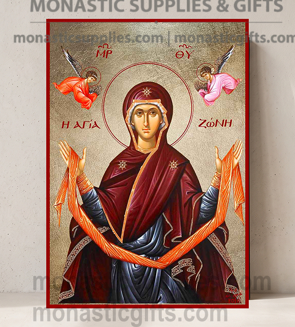 Handcrafted Orthodox gold leaf canvas icon of the Virgin Mary of the Holy Belt Agia Zoni on solid wooden panel