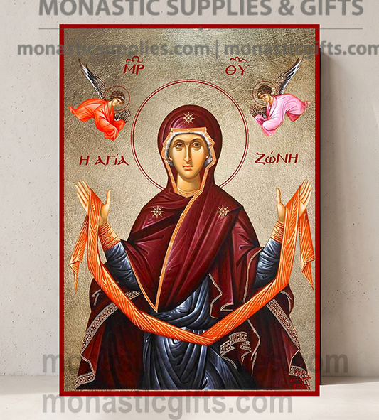 Handcrafted Orthodox gold leaf canvas icon of the Virgin Mary of the Holy Belt Agia Zoni on solid wooden panel