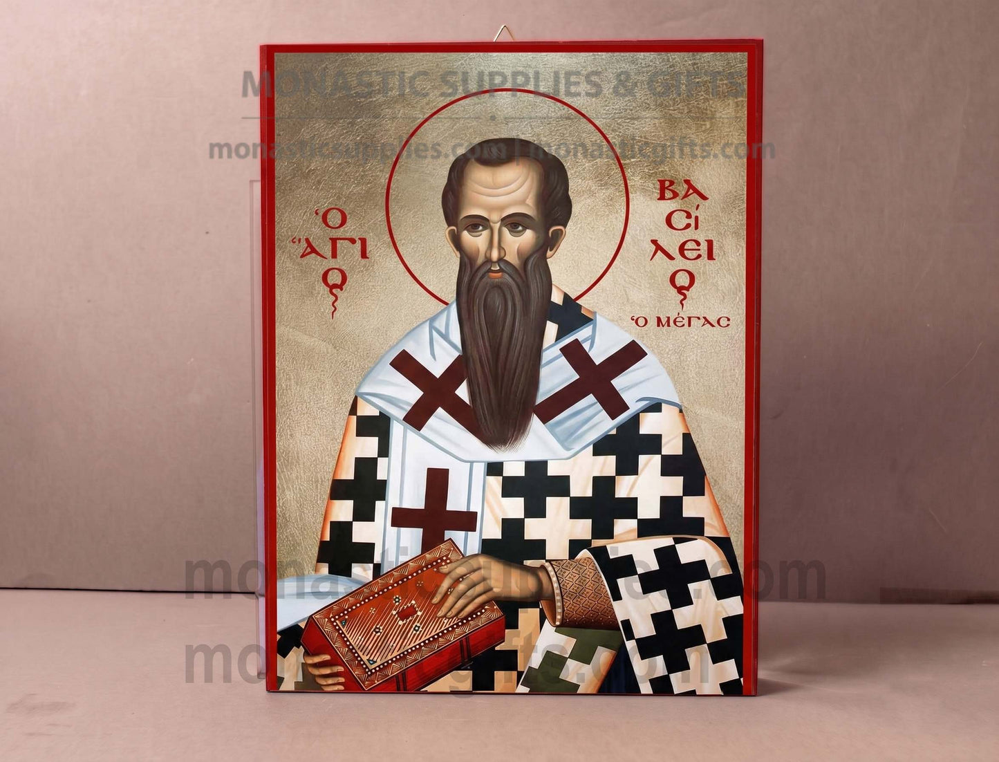 Handcrafted Orthodox gold leaf canvas icon of Saint Basil the Great on solid wooden panel