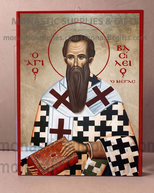 Handcrafted Orthodox gold leaf canvas icon of Saint Basil the Great on solid wooden panel
