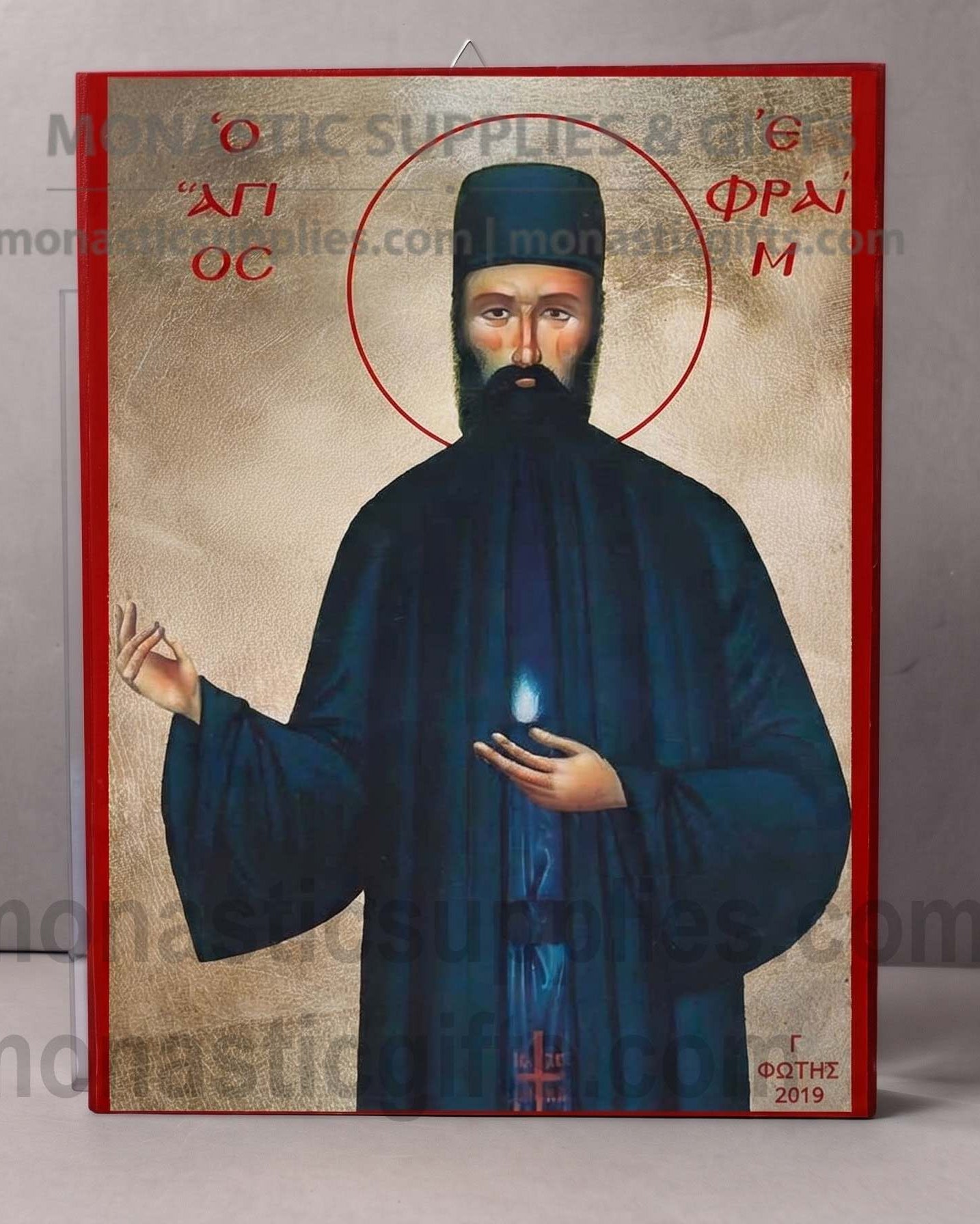 Handcrafted Orthodox gold leaf canvas icon of Saint Ephraim of Nea Makri on solid wooden panel