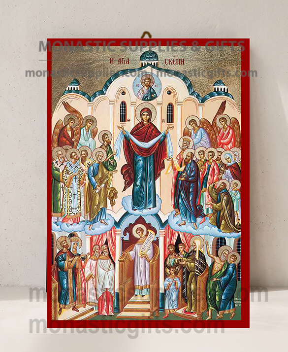 Handcrafted Orthodox gold leaf canvas icon of the Holy Protection of the Theotokos Agia Skepi on solid wooden panel