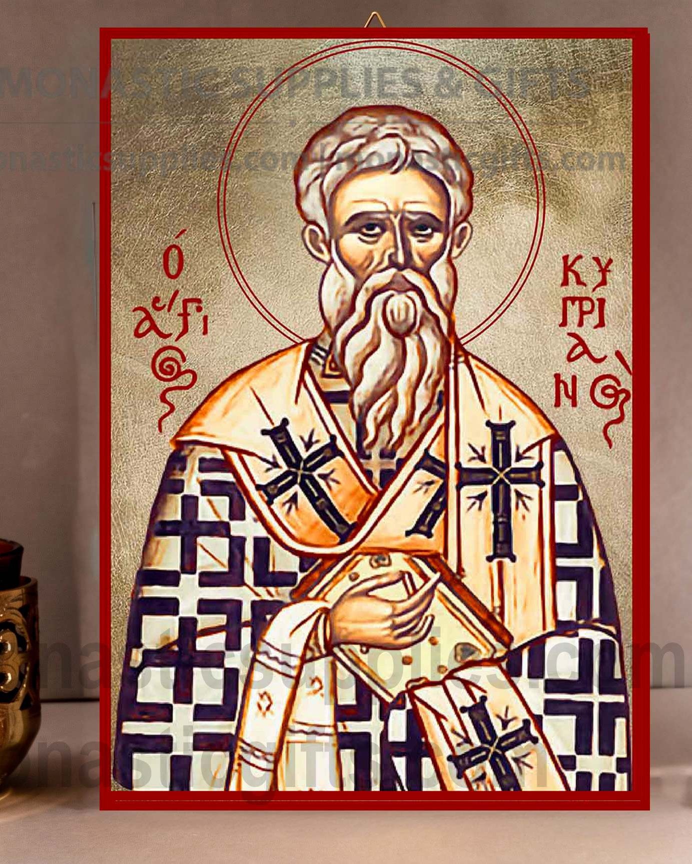 Handcrafted Orthodox gold leaf canvas icon of Saint Cyprian on solid wooden panel