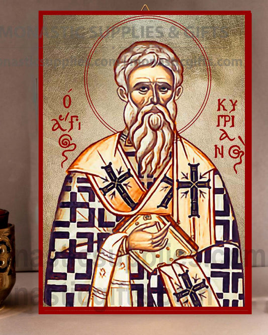Handcrafted Orthodox gold leaf canvas icon of Saint Cyprian on solid wooden panel