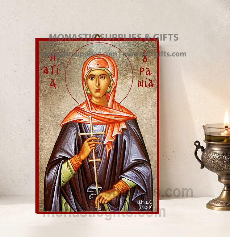 Handcrafted Orthodox gold leaf canvas icon of Saint Ourania the Virgin Martyr on solid wooden panel