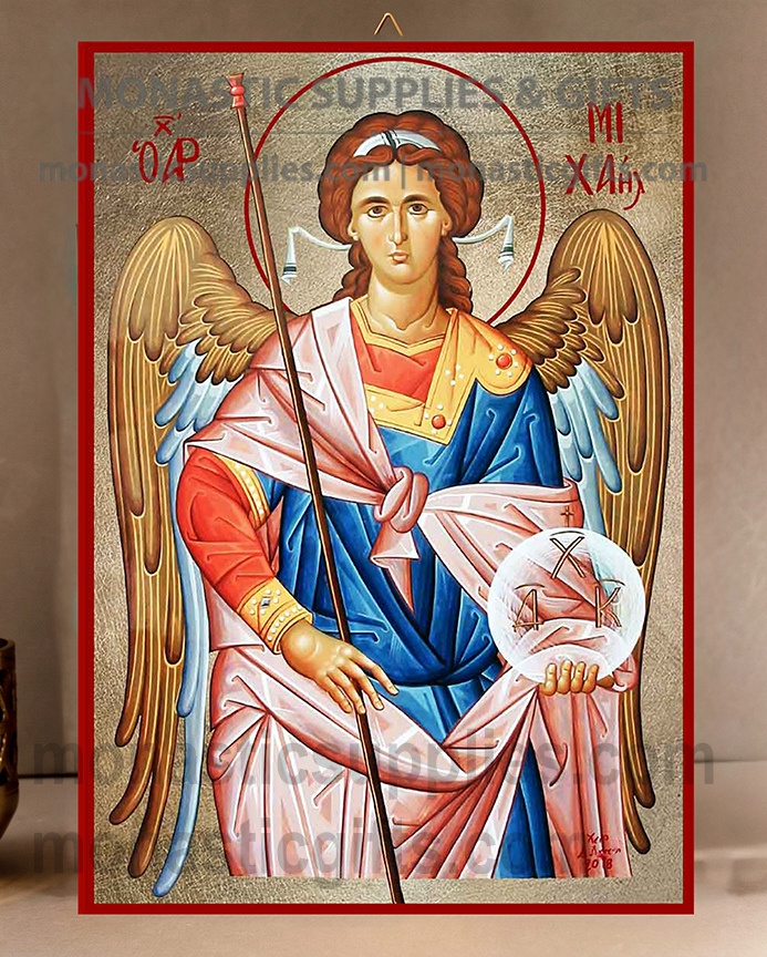 Handcrafted Orthodox gold leaf canvas icon of Archangel Michael Taxiarchis patron of the Air Force and protection on solid wooden panel