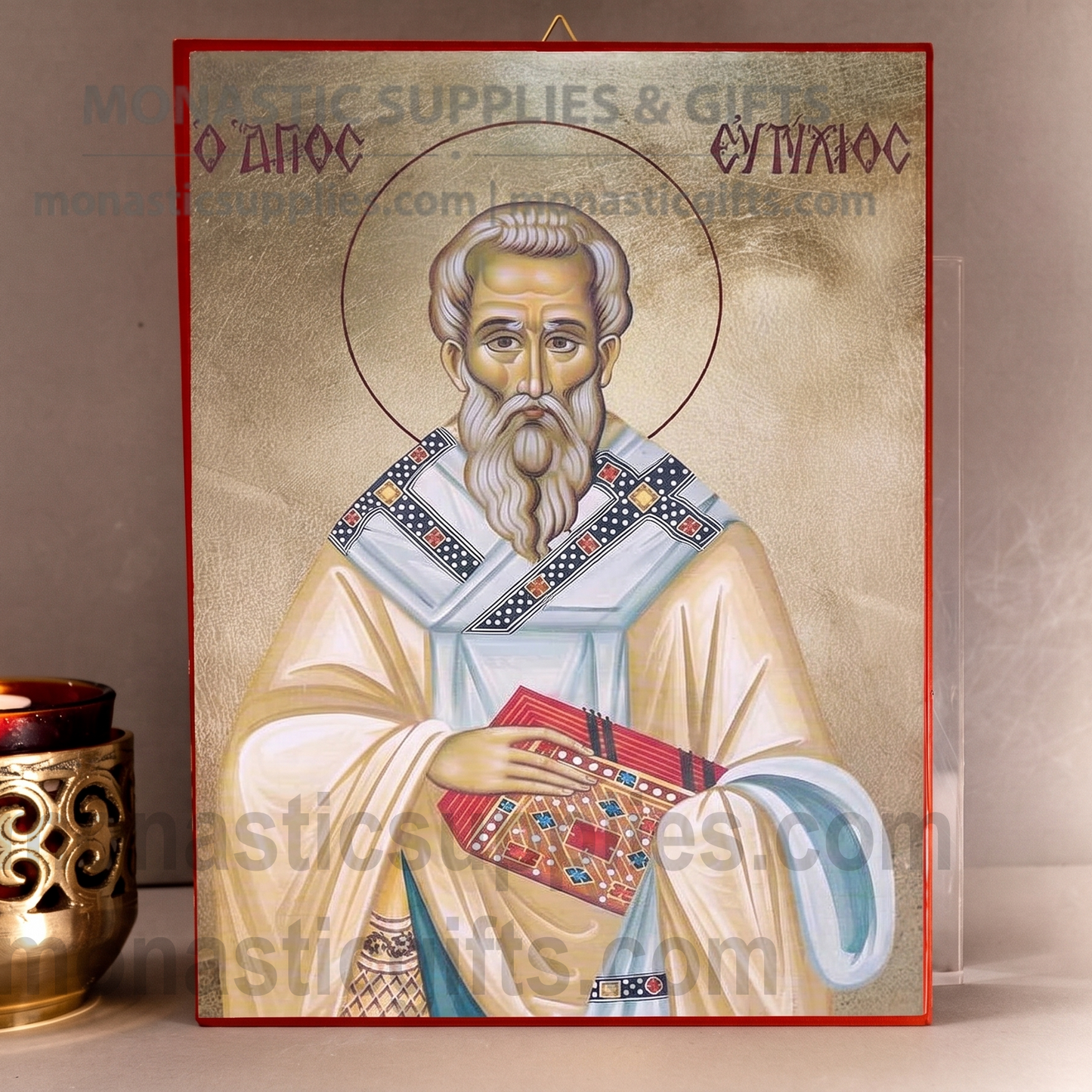 Handcrafted Orthodox gold leaf canvas icon of Saint Eutychios on solid wooden panel