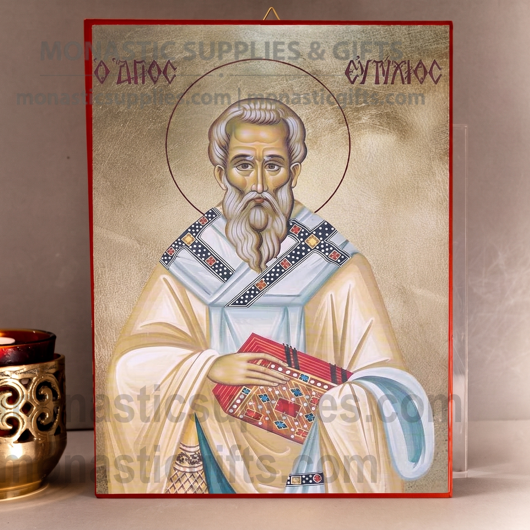 Handcrafted Orthodox gold leaf canvas icon of Saint Eutychios on solid wooden panel