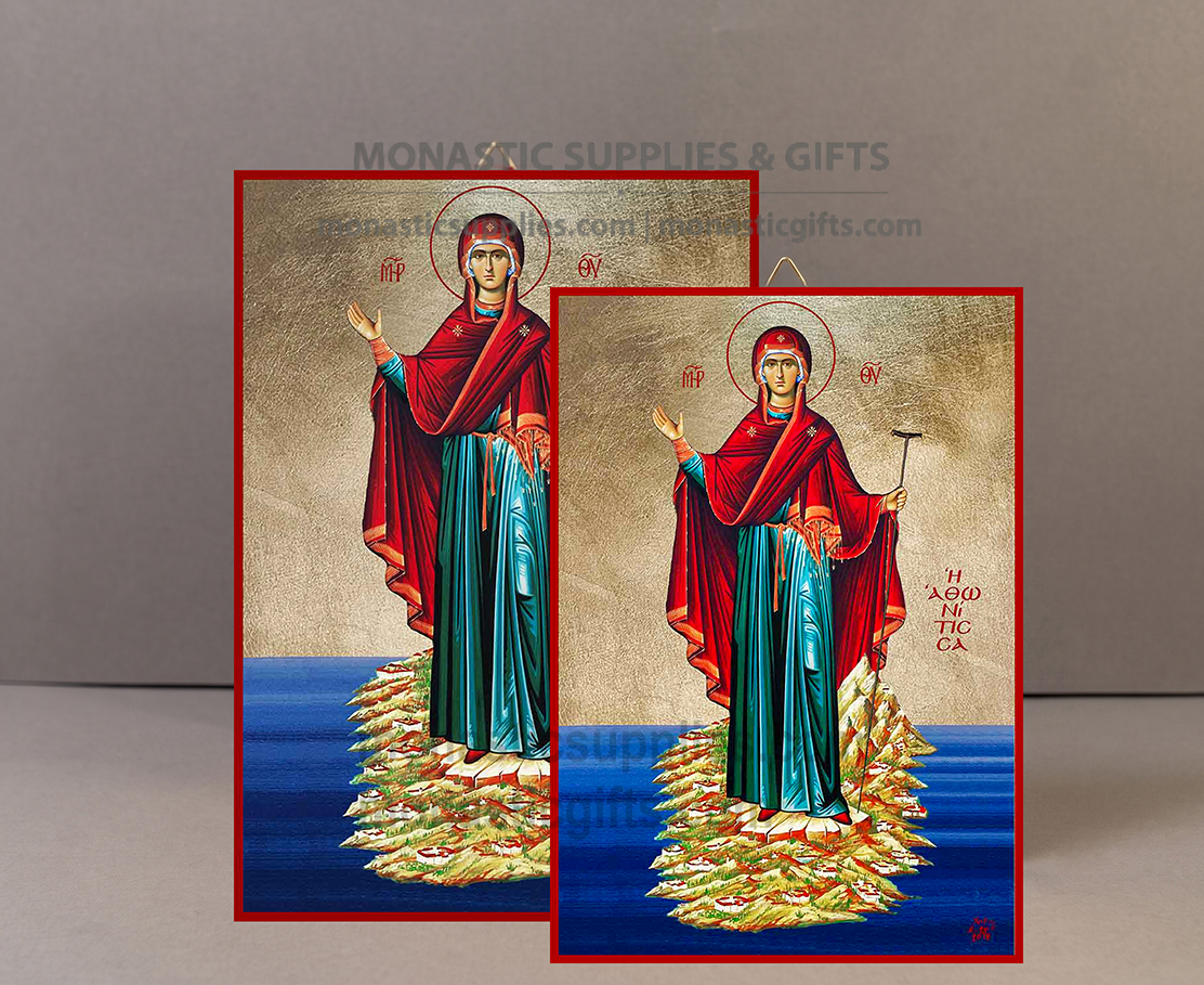 Handcrafted Orthodox gold leaf canvas icon of the Virgin Mary of Mount Athos Theotokos Athonitissa on solid wooden panel