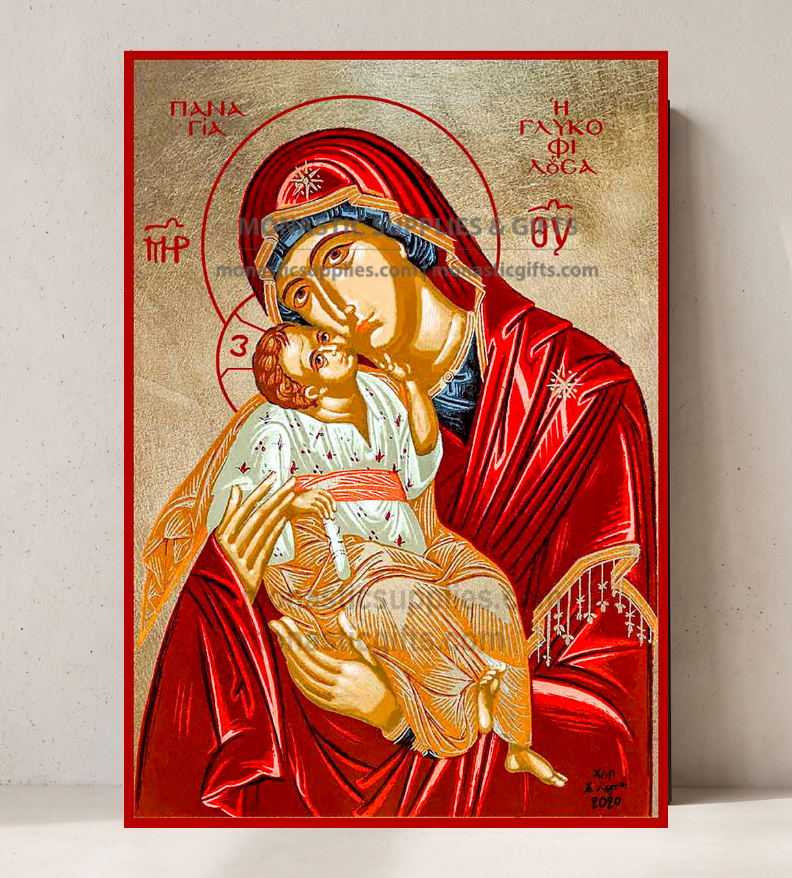Handcrafted Orthodox gold leaf canvas icon of the Virgin Mary Sweet Kissing Theotokos Glykophilousa on solid wooden panel