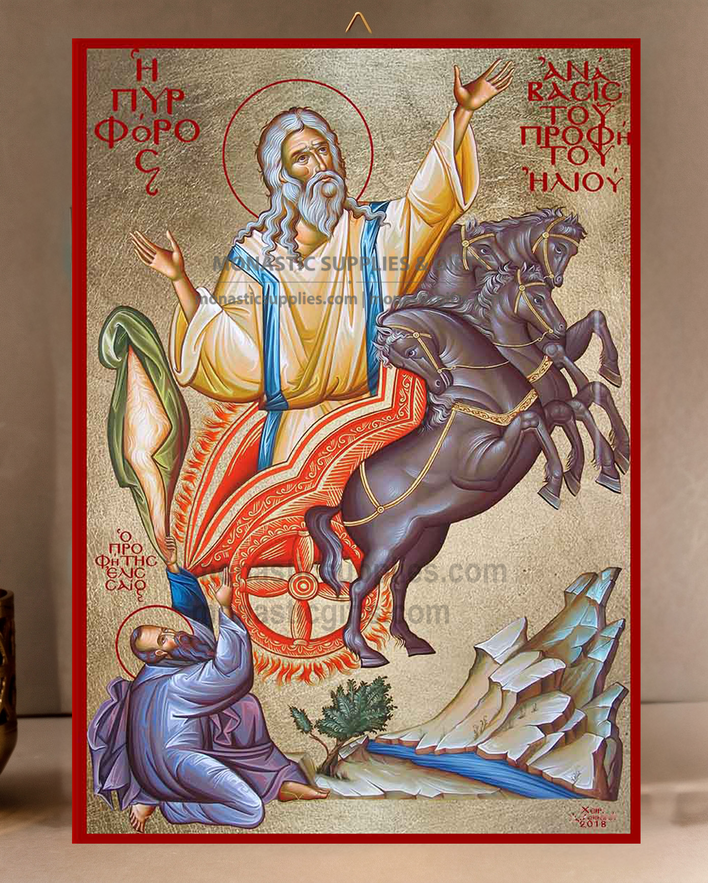 Handcrafted Orthodox gold leaf canvas icon of Prophet Elijah fiery chariot ascent with Prophet Elisha on solid wooden panel
