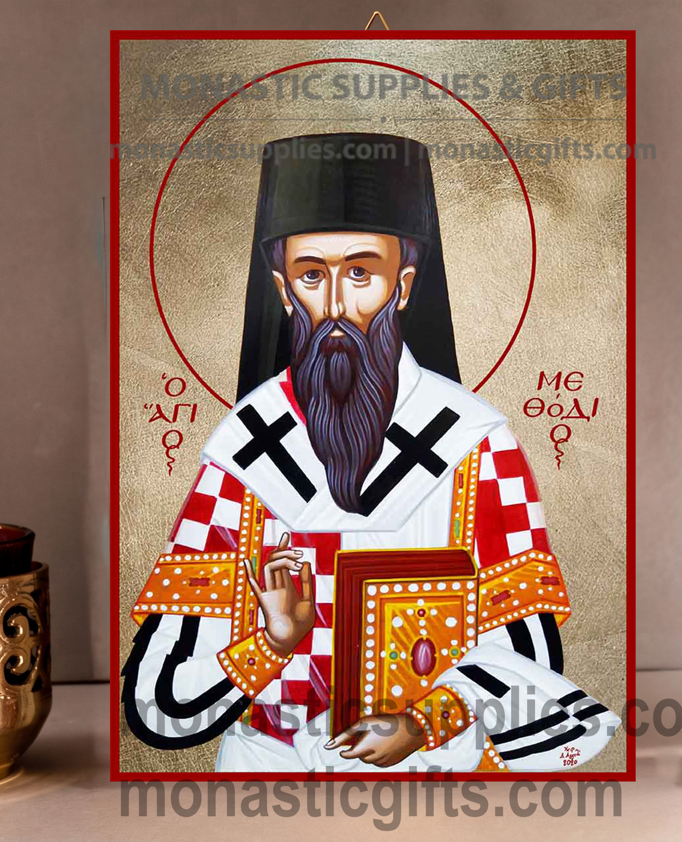 Handcrafted Orthodox gold leaf canvas icon of Saint Methodius patron of educators and scholars on solid wooden panel